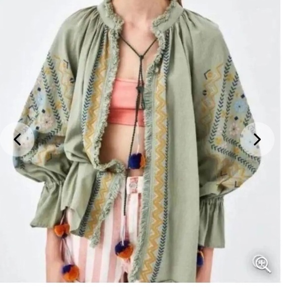 Zara open lightweight embroidered jacket with balloon sleeves. Pale green. Small - Picture 1 of 10